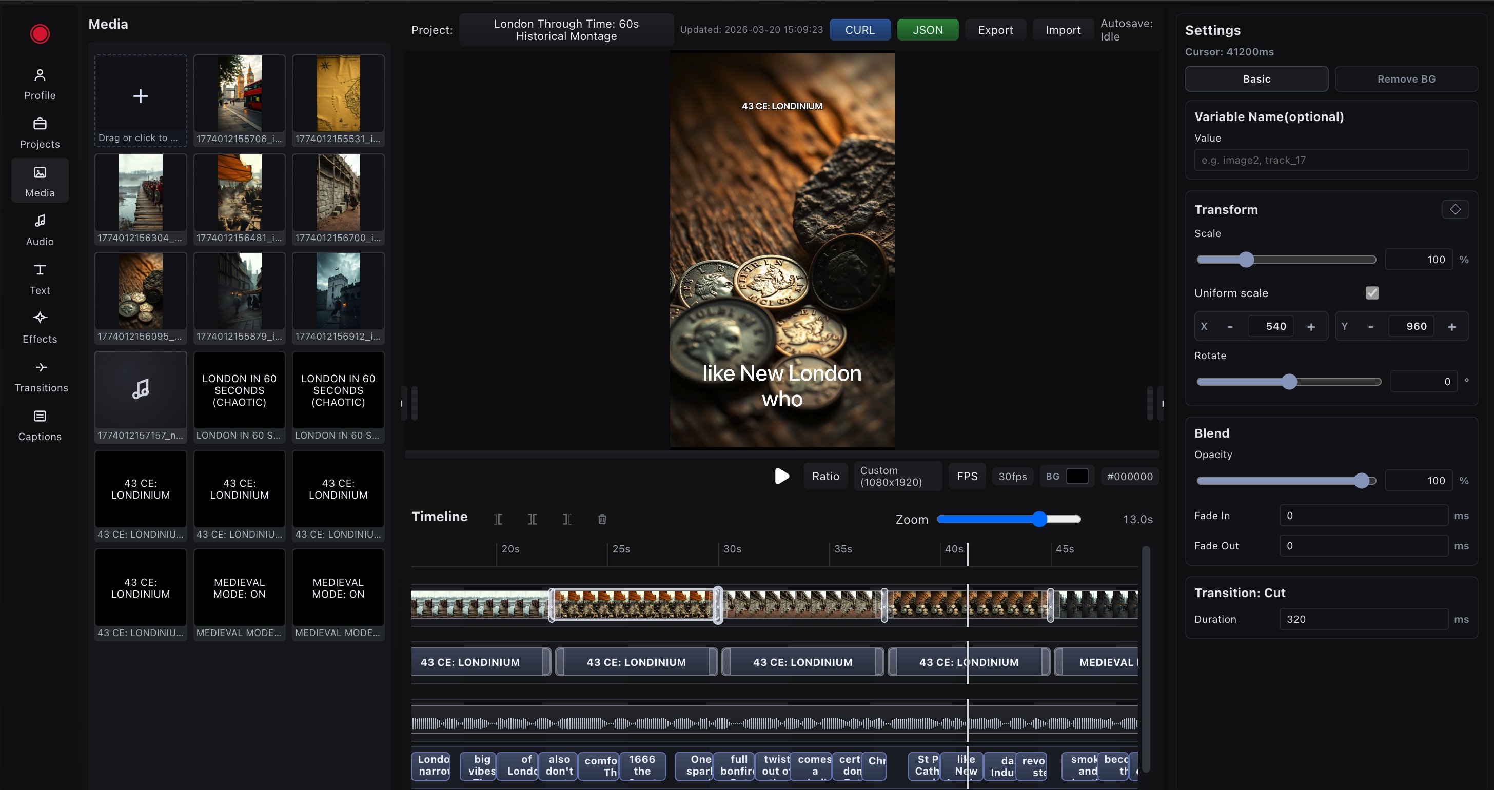JSONClip web editor with timeline, effects, and transform controls